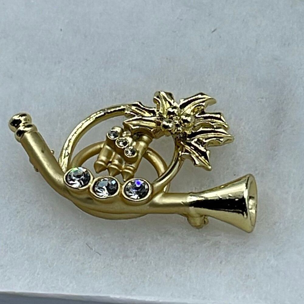 Vintage AGC matte and shiny embellished French Horn brooch.